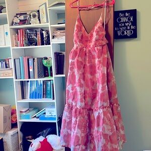 Lulus Feeling Like Forever Rose Jacquard Organza Lace-Up Midi Dress in Rose L N